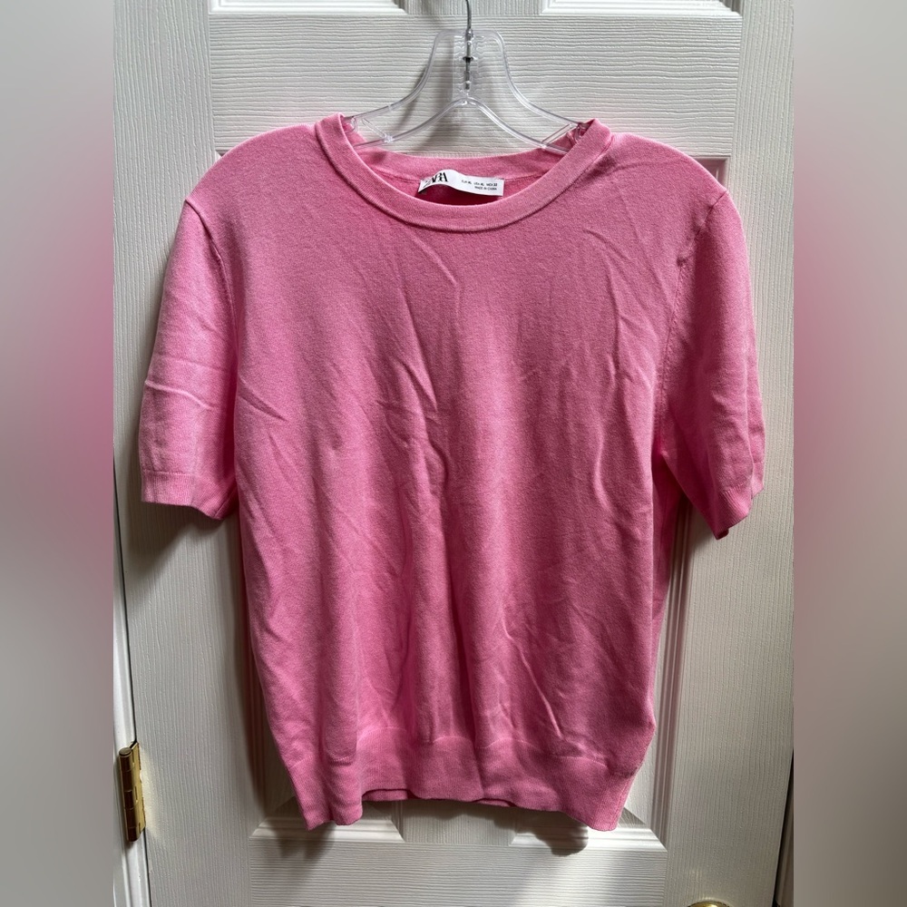 Zara Woman’s Soft Pink Short Sleeve Knit Top, Size XL, NWOT